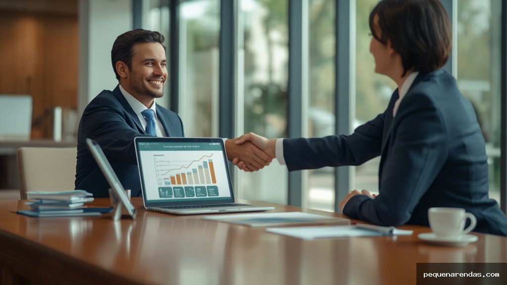 Cliente apertando a mão de gerente em banco confiável após aprovação de crédito