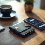 Cartão de crédito preto sobre carteira de couro ao lado de smartphone exibindo aplicativo bancário com recompensas