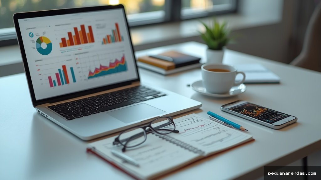 Mesa de trabalho com laptop exibindo gráficos de carteira de investimentos e anotações de estratégias financeiras para 2024