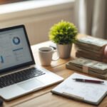Mesa de trabalho organizada com laptop, planilhas financeiras, dinheiro e cofre representando o uso consciente da renda extra