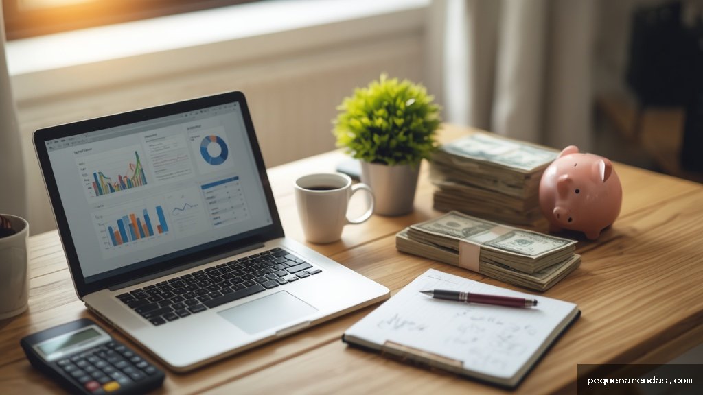 Mesa de trabalho organizada com laptop, planilhas financeiras, dinheiro e cofre representando o uso consciente da renda extra