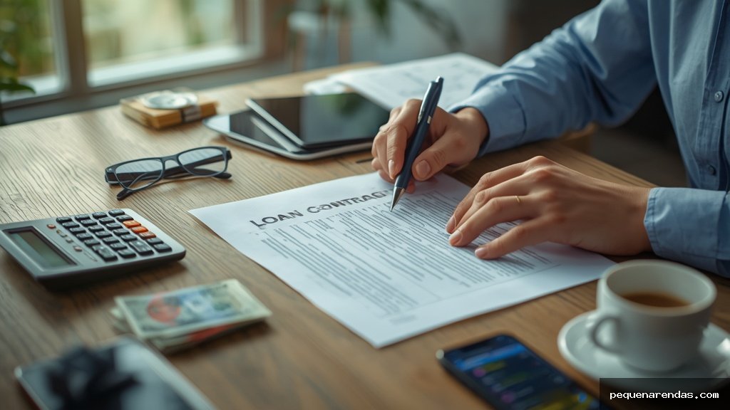 Pessoa analisando cuidadosamente contrato de empréstimo sobre mesa com calculadora, dinheiro e celular