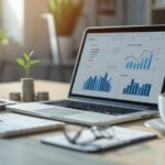 Mesa moderna com laptop exibindo gráficos financeiros, caderno de anotações, calculadora e moedas com planta crescendo, representando educação financeira