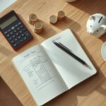 Mesa organizada com caderno de orçamento, calculadora, cofrinho e celular mostrando aplicativo de finanças pessoais