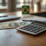 Mesa de escritório com calculadora, notas de real brasileiro e gráfico de taxas de juros representando o conceito de juros reais na economia