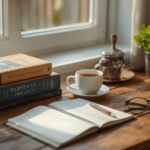 Pilha de livros sobre finanças pessoais em uma mesa de madeira com caderno de orçamento, xícara de café e cofrinho