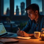 Jovem empreendedor trabalhando à noite em mesa de escritório com laptop, caderno de metas e pote de moedas representando perseverança na renda extra
