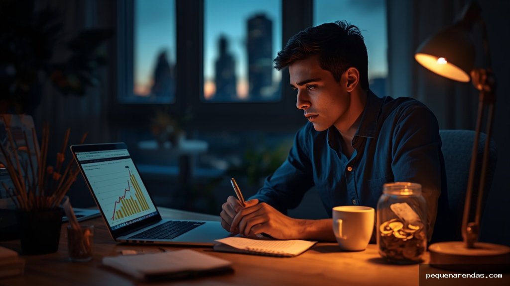 Jovem empreendedor trabalhando à noite em mesa de escritório com laptop, caderno de metas e pote de moedas representando perseverança na renda extra