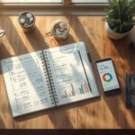 Mesa de trabalho organizada com caderno de planejamento financeiro, calculadora e smartphone exibindo aplicativo de controle de gastos