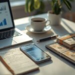 Mesa de escritório moderna com notebook mostrando gráficos financeiros, smartphone, caderno de anotações e cédulas de real organizadas, representando oportunidades de renda extra em 2026