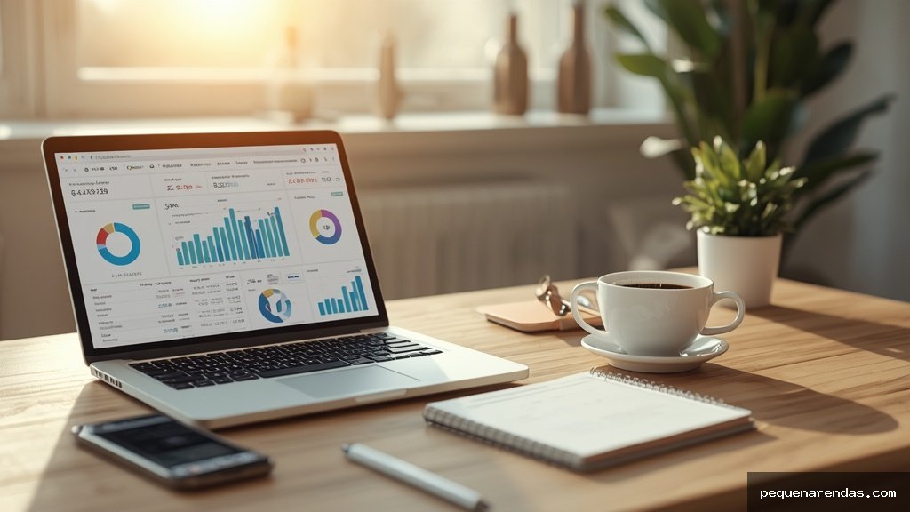 Escritório em casa com notebook, smartphone e caderno representando formas de gerar renda extra sem sair de casa