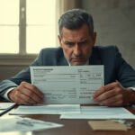 Pessoa preocupada analisando contracheque com descontos e contrato de empréstimo consignado sobre a mesa