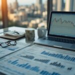 Mesa de escritório com jornais econômicos, gráficos financeiros em laptop e cédulas de real brasileiro representando a situação financeira do país