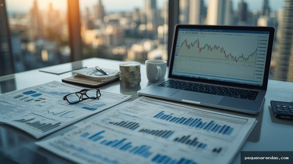 Mesa de escritório com jornais econômicos, gráficos financeiros em laptop e cédulas de real brasileiro representando a situação financeira do país